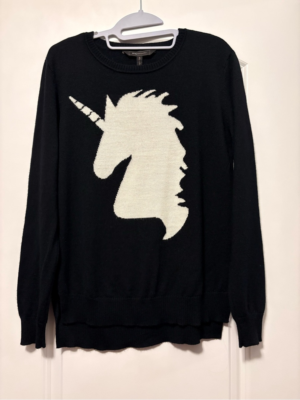 BCBGMaxAzria Black Crewneck Sweater with White Unicorn Motif Sz S EUC